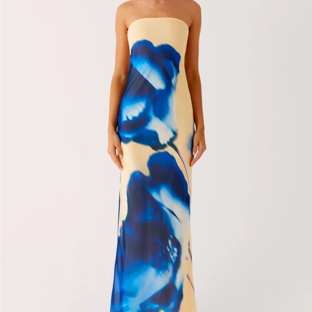 Peppermayo Strapless Cream Maxi Dress with Blue Floral Print